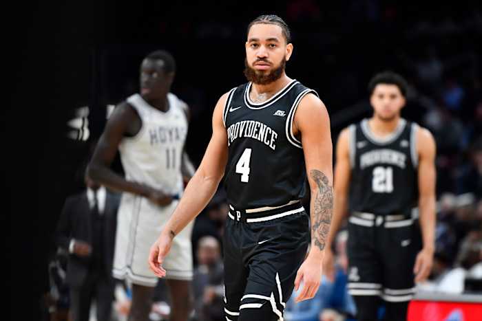 Feb 26, 2023; Washington, District of Columbia, USA; Providence Friars guard Jared Bynum (4) looks on against the Georgetown Hoyas during the first half at Capital One Arena. Mandatory Credit: Brad Mills-USA TODAY Sports